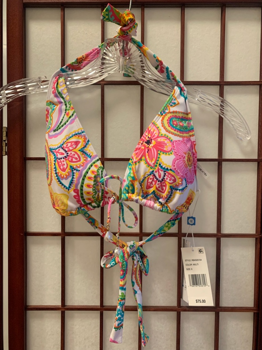 NWT Bleu Rod Beattie Multicolor Bikini Top with Beaded Tie Accents in Size 6